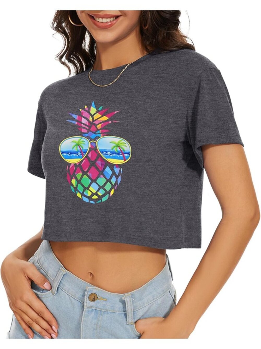 〽️Women's Dark Grey Pineapple Short Sleeve Round Neck Loose Fit Summer Crop Tops